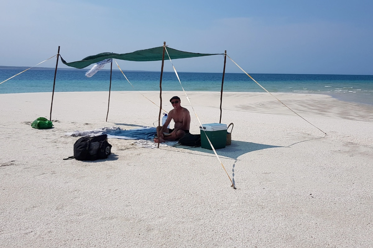 Meditation on the idyllic sandbank 'Dead Man's Island' in the Indian Ocean Vilanculos Mozambique