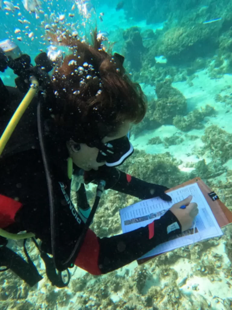 Marine scientists conducting underwater research dives in clear tropical waters
